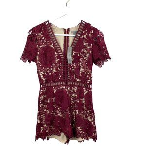 NWT Womens S Love X Design Red Tan Floral Lace Overlay Romper Back Zip